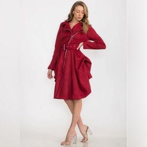 WOMEN'S LONG SLEEVE ZIPPER CLOSURE BELTED MIDI DRESS
